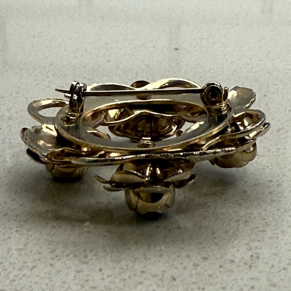 Vintage Brooch Gold Tone Roses Rhinestones Mid-Century Modern MCM - Picture 6 of 8